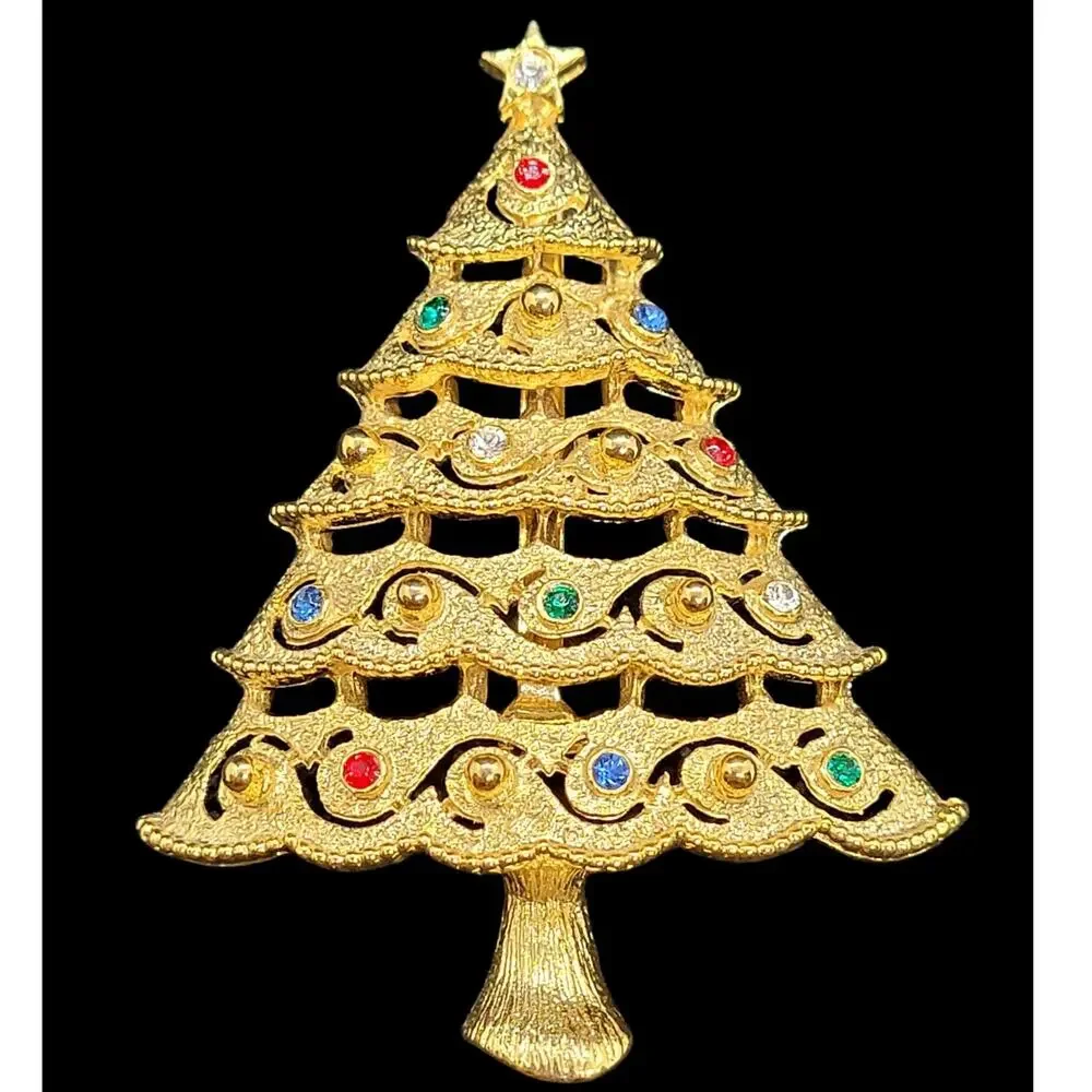 Luxe Vintage Holiday Sparkle Rhinestone Tiered Tree Brooch Gold Tone‎ Elegant